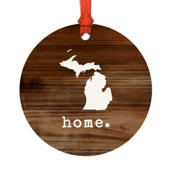 US State Round Metal Christmas Ornament, Rustic Wood Print, Michigan, Includes Ribbon and Gift Bag