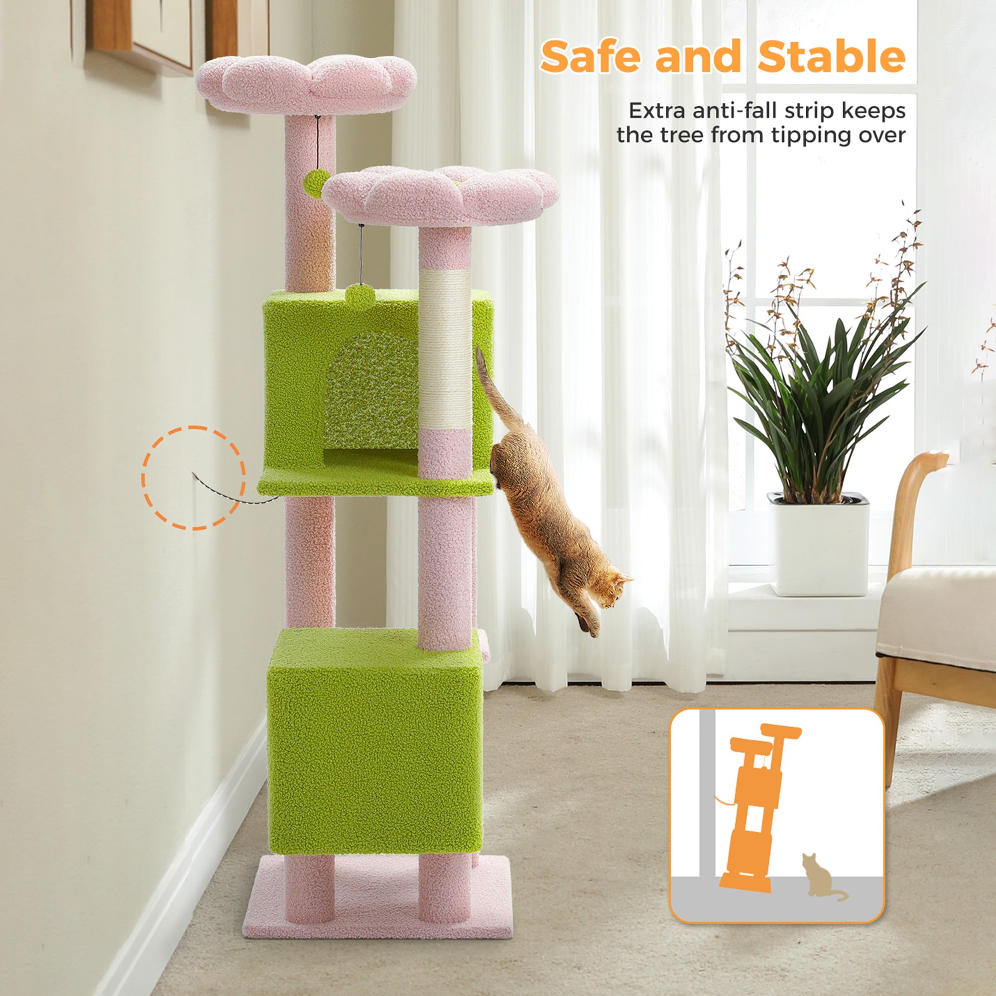 Kadyn 52" Multilevel Cat Tree Tower for Indoor Cats, Plush Flower Cat Tree House with 2 Padded Perches, 2 Condos and 2 Scratching Posts, Pink