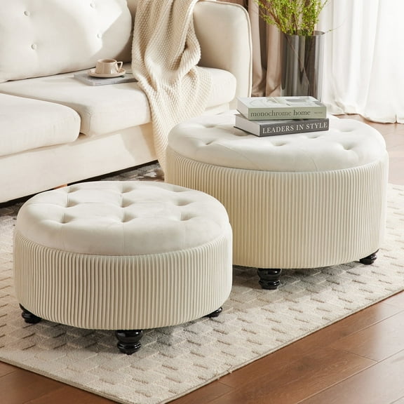 2BYF Large Round Storage Ottoman Set of 2, Modern Button Circle, Upholstered Footrest Stool