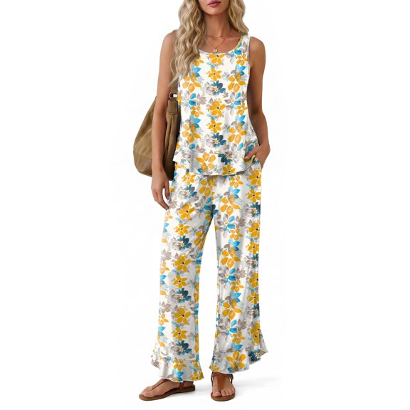 Anygrew Women's 2 Piece Lounge Sets Sleeveless Ruffle Hem Top and Wide Leg Pants with Pockets Casual Sweatsuit Outfits