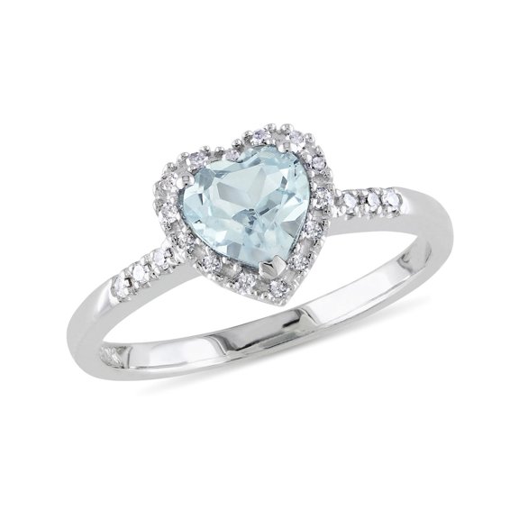 3/4 Carat (Ctw) Light Clear Aquamarine Heart Ring with Diamonds in Sterling Silver for Women