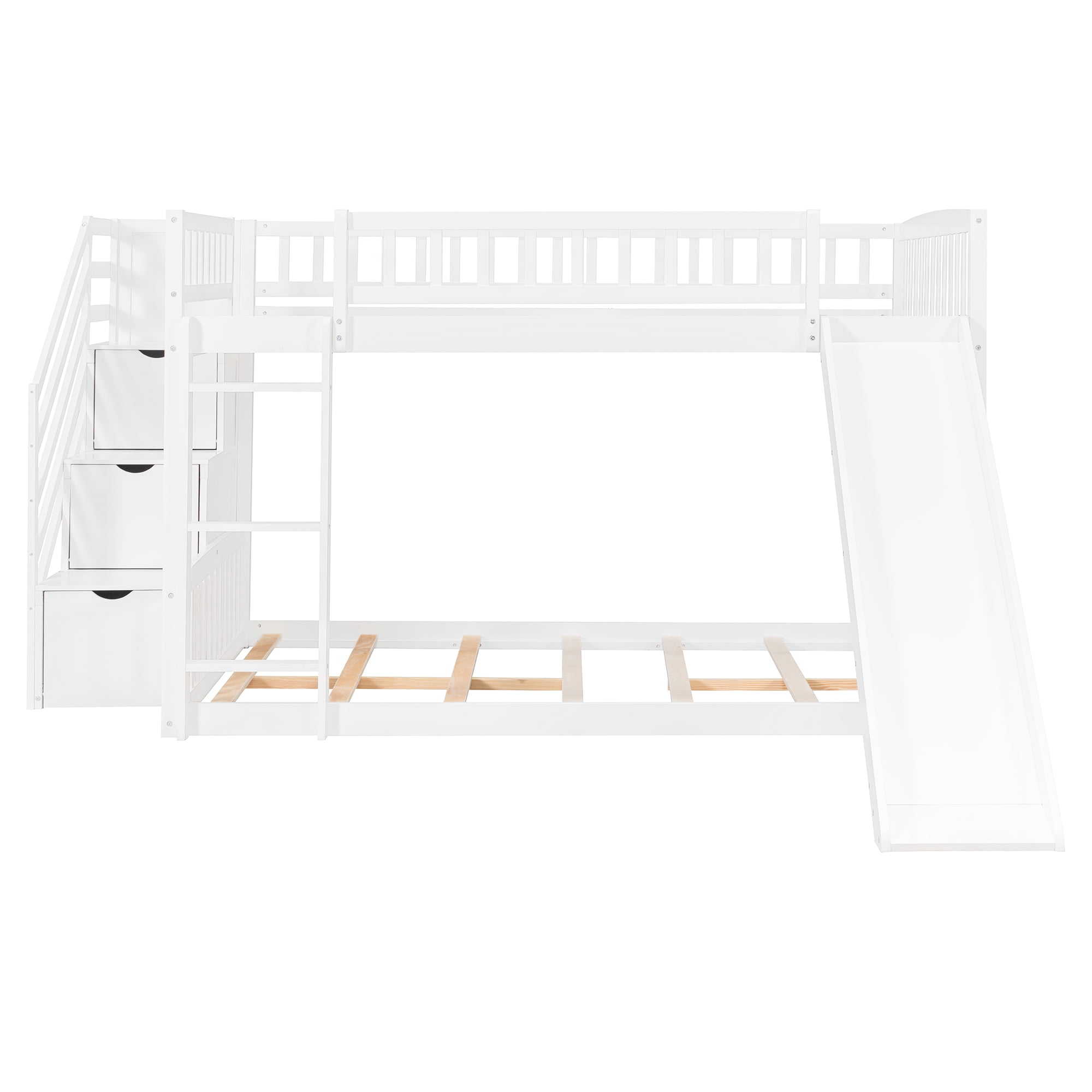 Mintazer Full Over Full Bunk Bed with Storage Staircase & Convertible Slide, Kids Bunk Bed Frame with Guardrails & Ladder, No Box Spring Needed, White