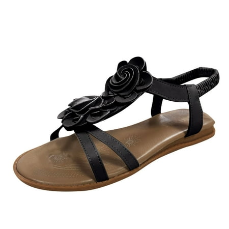 

Womens Sandals Fashion Spring And Summer Women Sandals Boho Style Flower Flat Bottom Casual Beach Shoes Women S Sandals Pu Black 41
