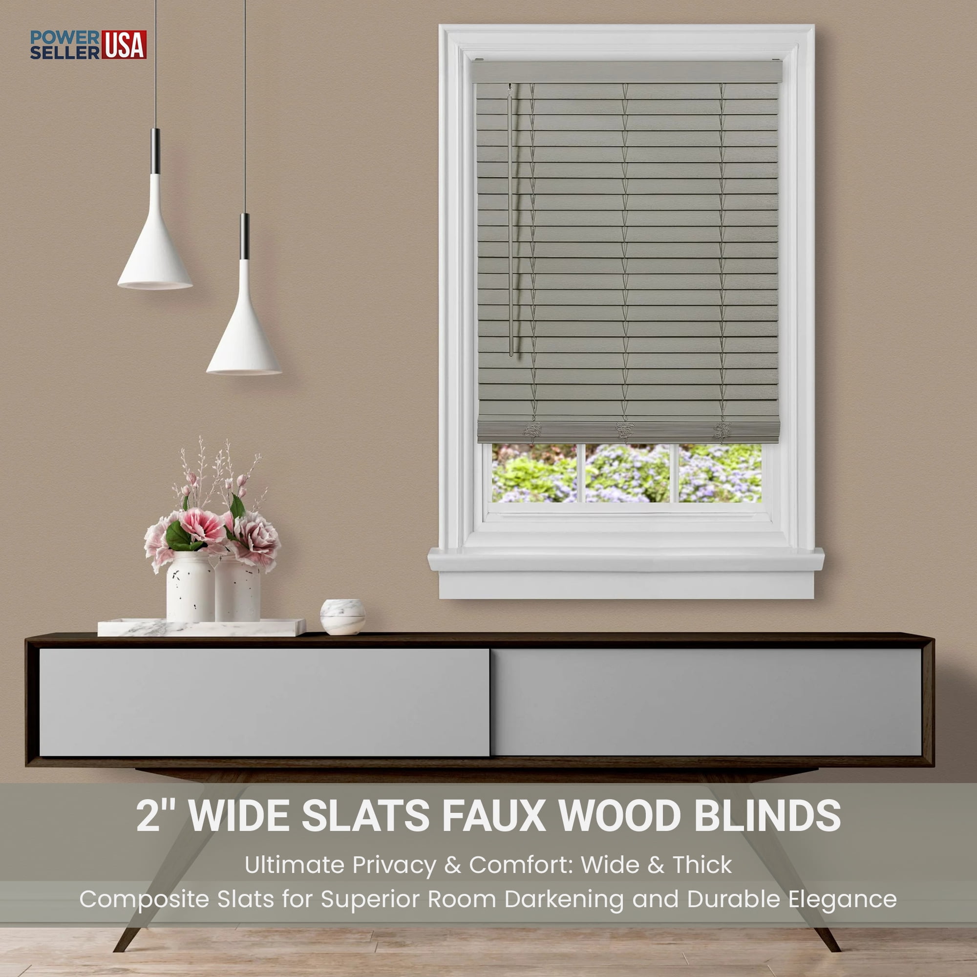 PowerSellerUSA Cordless Window Blinds, Privacy & Room Darkening 2" Slats Faux Wood Mini Blind, Anti-UV Window Treatment, Gray Plantation Blind, 31" Width x 64" Length, (Fits windows 23" - 74")