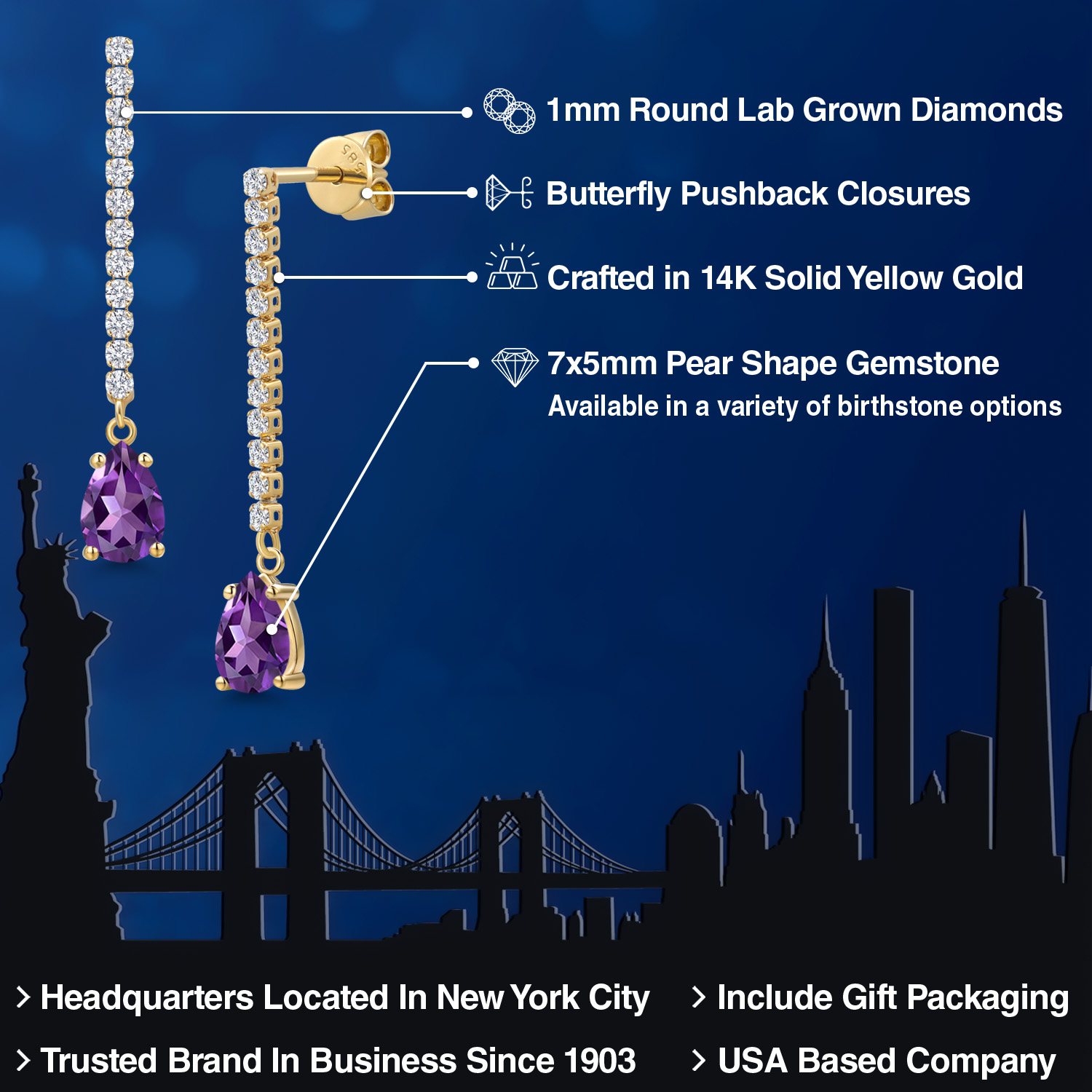 14K Yellow Gold Purple Amethyst and White Lab Grown Diamond Long Liner Dangle Earrings for Women | 1.64 Cttw | Gemstone February Birthstone | Pear Shape 7X5MM | White Gold Chain Drop Earrings