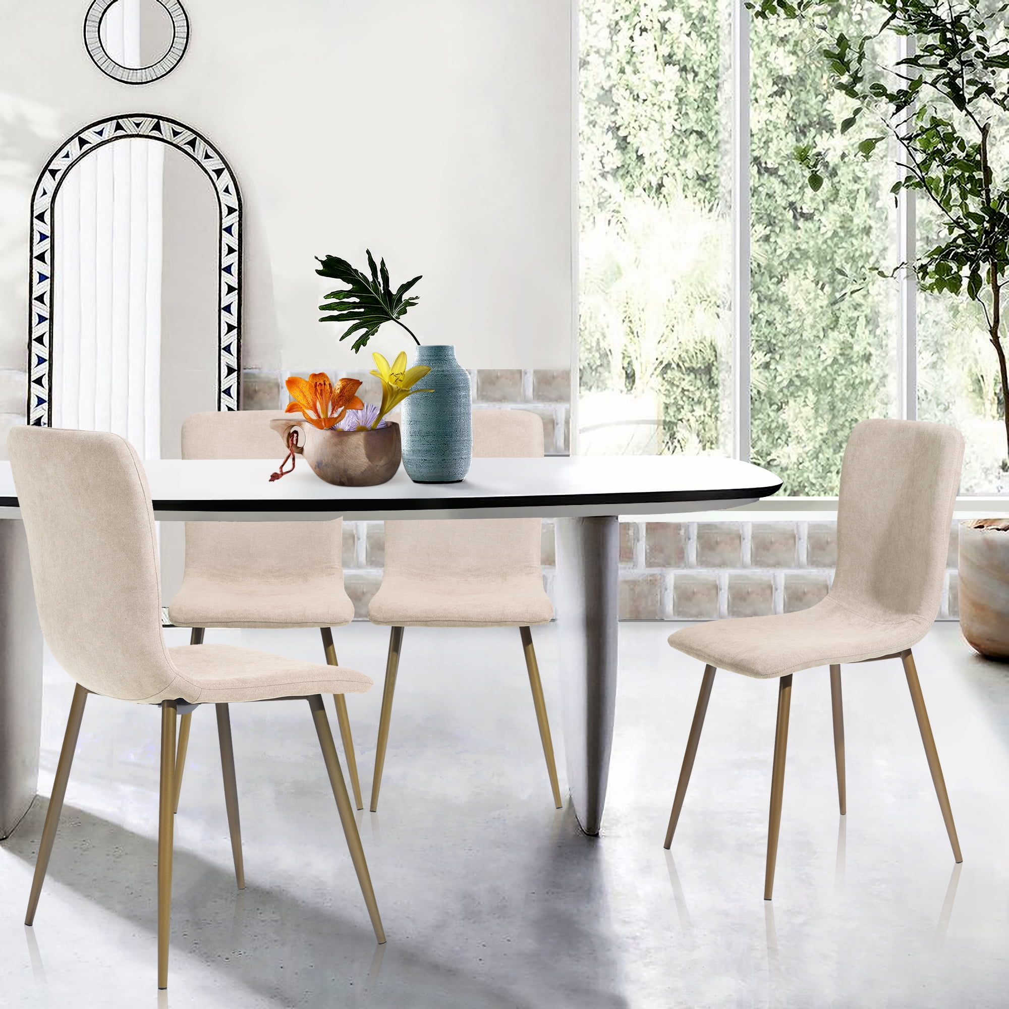 Glass+Grey GOLDFAN Dining Table and Chair Set 4 Chairs Modern Round Tempered Glass Kitchen Dining Table and Gray Fabric Chair Set with Solid Wood Foot Dining Table 