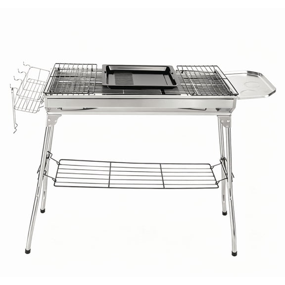 Alvantor 39.37 in Portable Stainless Steel Charcoal Grill, Outdoor BBQ Grill with Grates, Enamel Tray, Storage Shelf, Silver