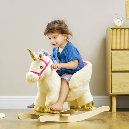 Qaba Kids Rocking Horse, Ride on Unicorn with Realistic Sounds, Safety Belt & Wooden Base, Plush Rocking Horse for Toddlers 18-36 Months, Cream White