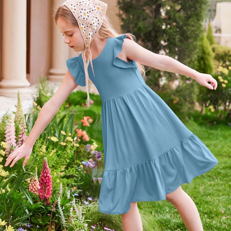 cute flowy dresses short Erwazi Girls Dresses Summer Casual Cute Flowy Dress Ruffle Short Sleeve Solid Swing Dresses, Girl's, Size: 13-14 Years, Blue