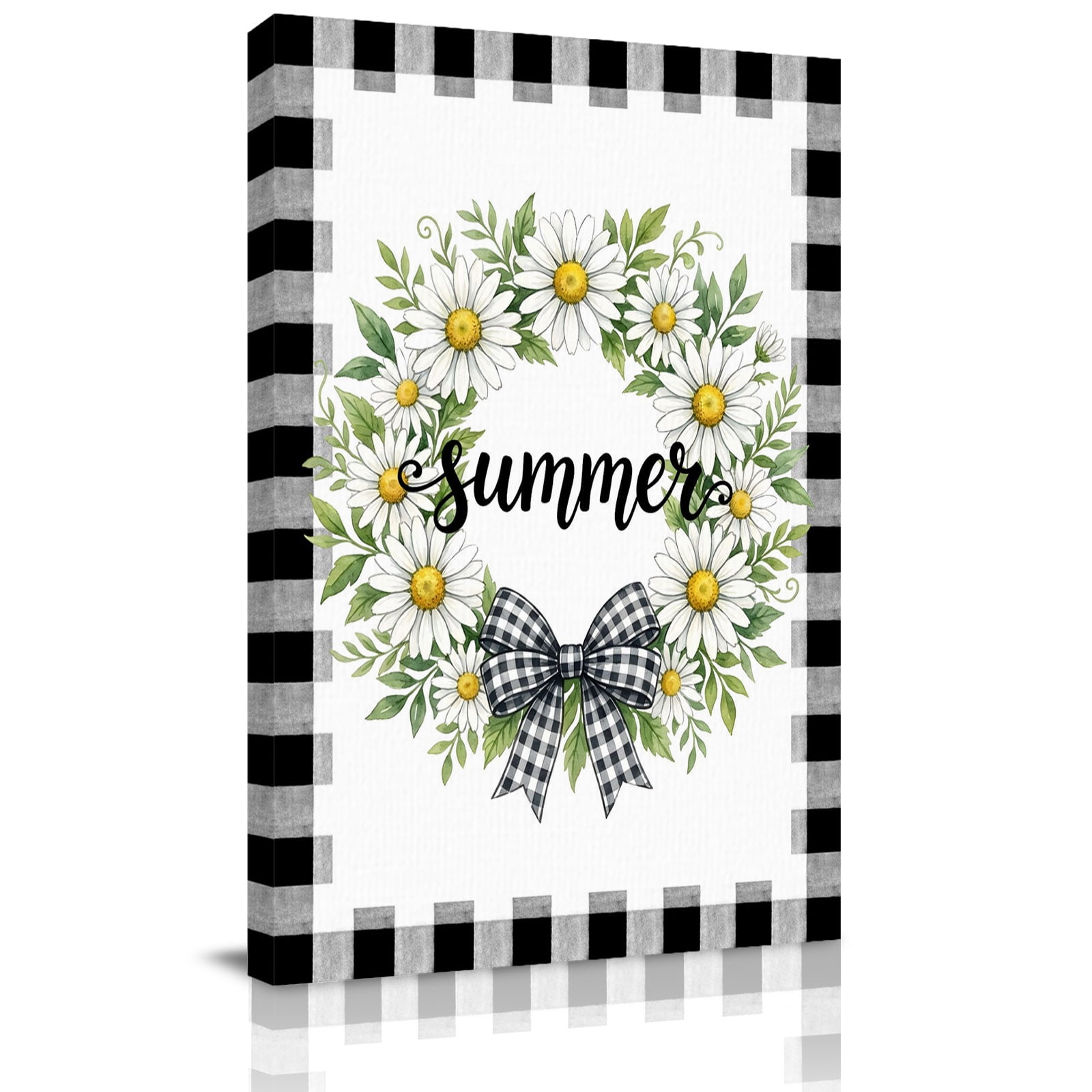 White Flowers Canvas Wall Art for Living Room Daisy Plaid Bow Green Leaf Summer Striped Wall Decor Framed Artwork Pictures Ready to Hang for Bedroom Office Home Decor