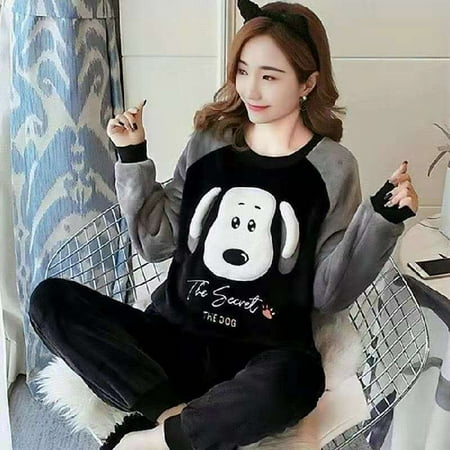 

Autumn Winter Warm Flannel Women Pyjamas Sets Thick Coral Velvet Long Sleeve Cartoon Sleepwear Thin Flannel Pajamas Set