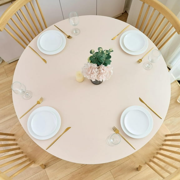 Round Fitted Vinyl Tablecloth with Elastic Edge 100% Waterproof Super Elastic Table Cloth Wipe Clean Table Cover for Indoor and Outdoor, Champagne, 37"- 54"