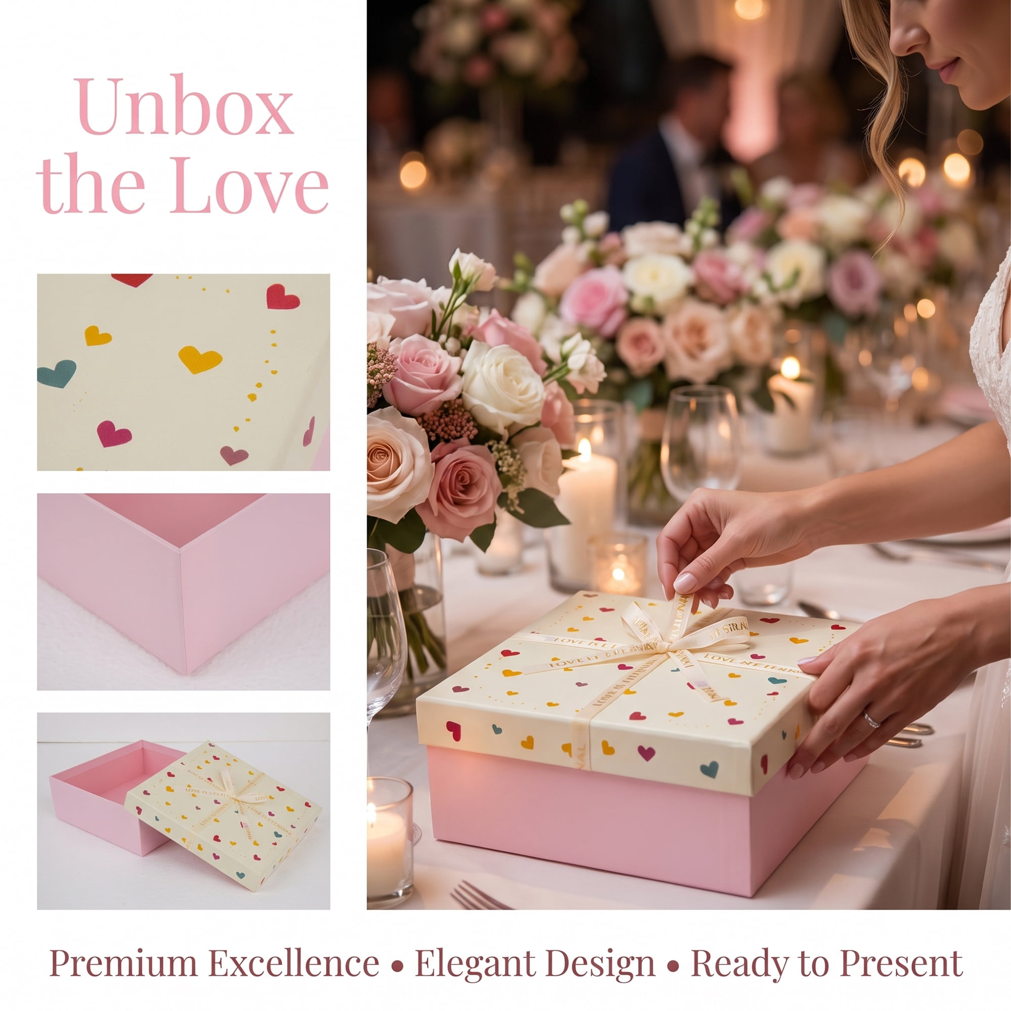Unique Bargains Colorful Heart Shaped Ribbon Versatile Gift Box Pink 7.9" x 7.1" x 3.1"
