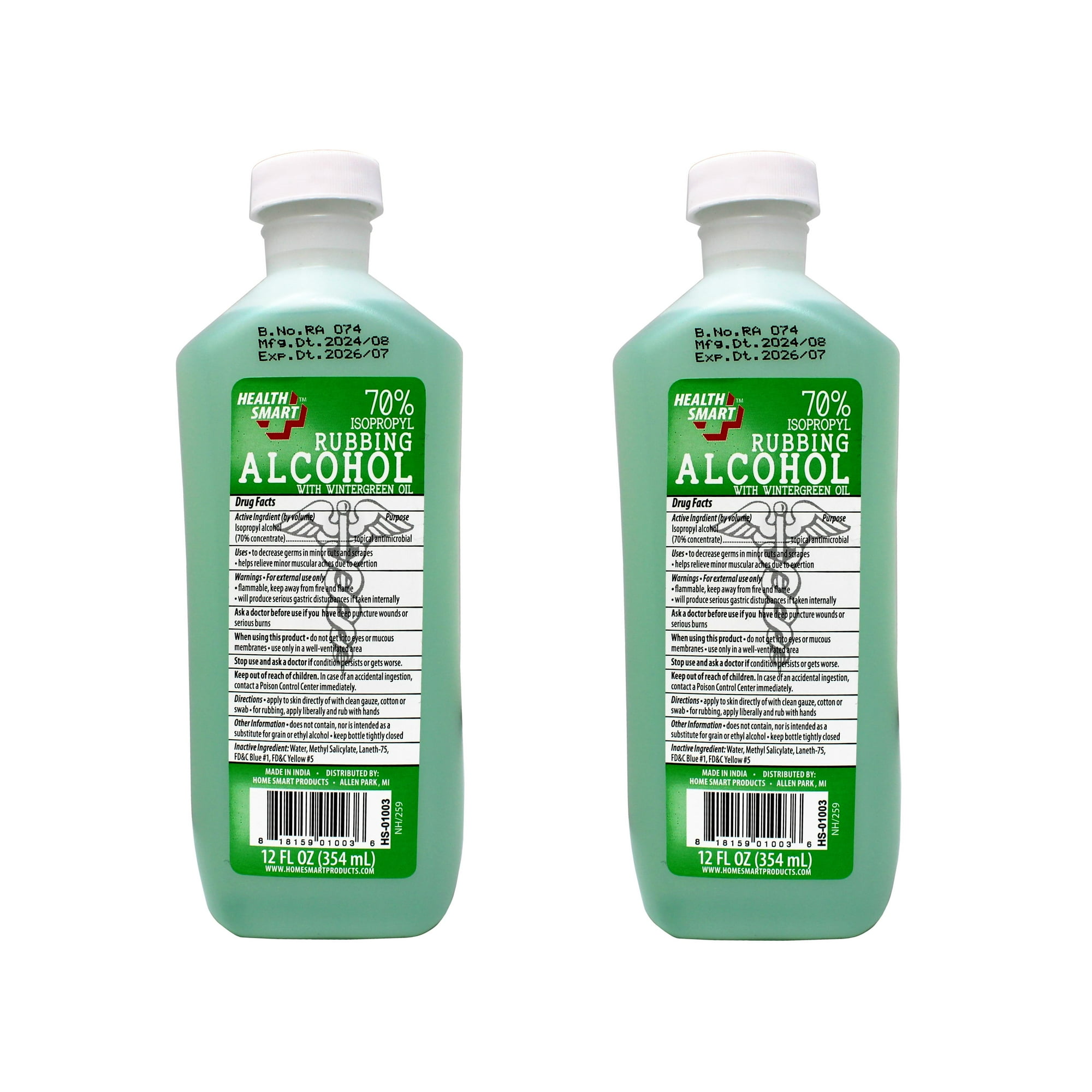 2 Pack - Health Smart 70% Isopropyl Rubbing Alcohol with Wintergreen Oil – Antiseptic & First Aid Solution, 12 oz