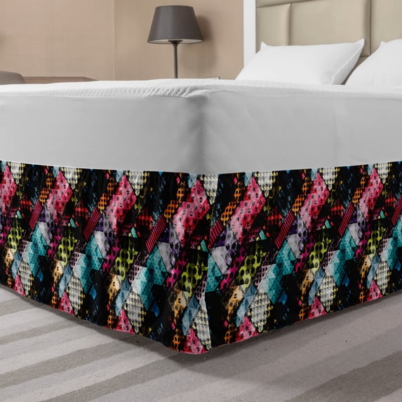Abstract Bed Skirt, Vibrant Rectangles Traditional Polka Dots Design Surrealism Inspired Geometric, Elastic Bedskirt Dust Ruffle Wrap Around for Bedding Decor, 4 Sizes, Multicolor, by Ambesonne