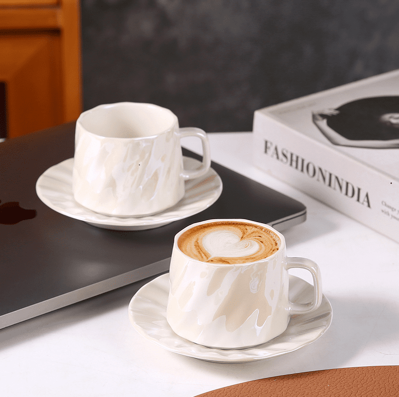 3.4OZ Coffee Cups and Saucers 6-Piece Set, 100ml Espresso Cup Ceramic Tableware Set, Suitable for Coffee and Tea Serving in Restaurants and Home Use, Beige