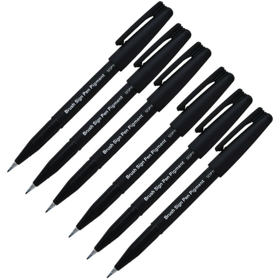 Pentel Arts Sign Pen Brush, Open Stock, Black Pigment Ink, Pack of 6