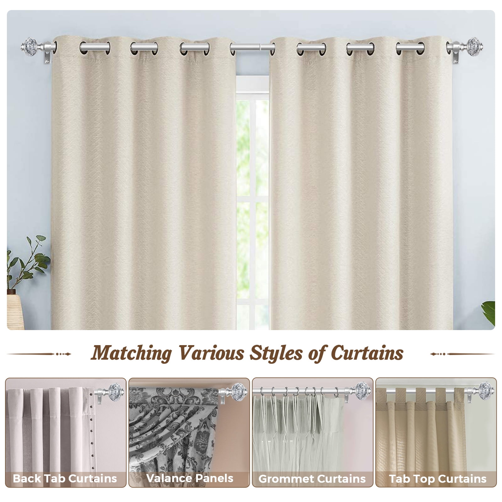 KAMANINA 7/8" Adjustable Single Curtain Rod with Translucent Finial, 28 - 48", Silver