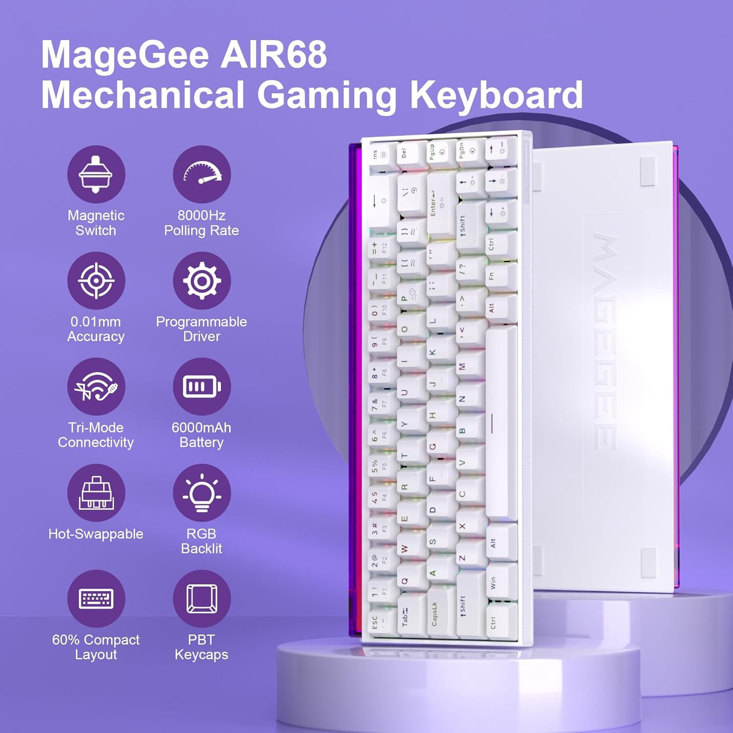 MageGee AIR68 Mechanical Gaming Keyboard - Hall Effect Magnetic Switch, 8000Hz Ultra-Low Latency, Tri-Mode Connectivity, Hot-Swappable 60% Compact RGB Backlit