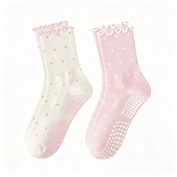 OQRKI Pilates Grip Socks for Women,Ruffle Grippy Non Slip Cute Polka Dot Crew Socks for Workout Yoga Ballet Barre Dance Grip Socks
