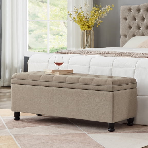 FFZ Upholstered Tufted Button Storage Bench Linen Fabric Spindle Wooden Legs