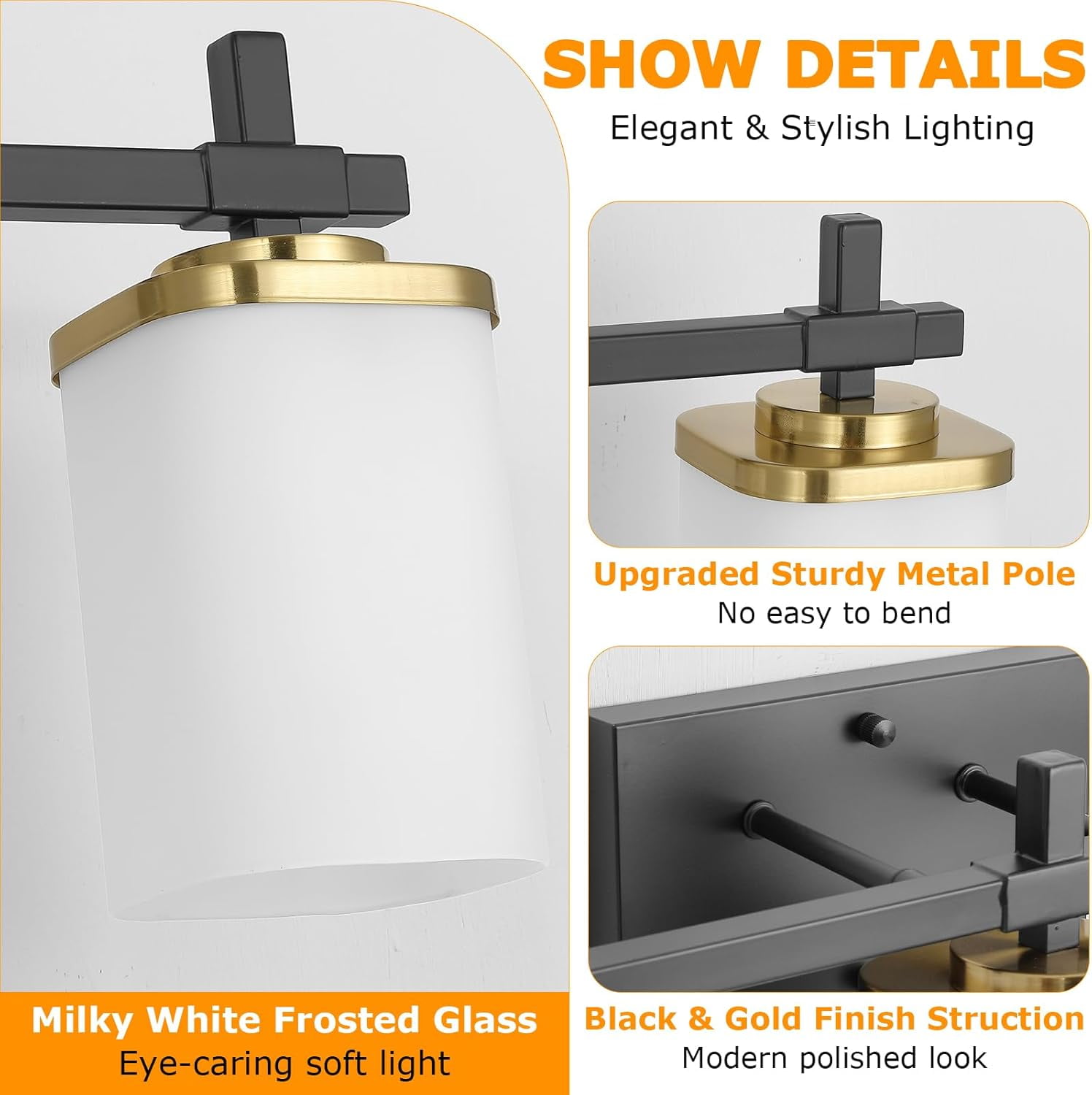 Bathroom Light Fixtures, 3-Light Coastal Vanity Lights with Milky White Frosted Glass Shade, Black Bathroom Wall Lamp for Mirror Kitchen Hallway Cabinet