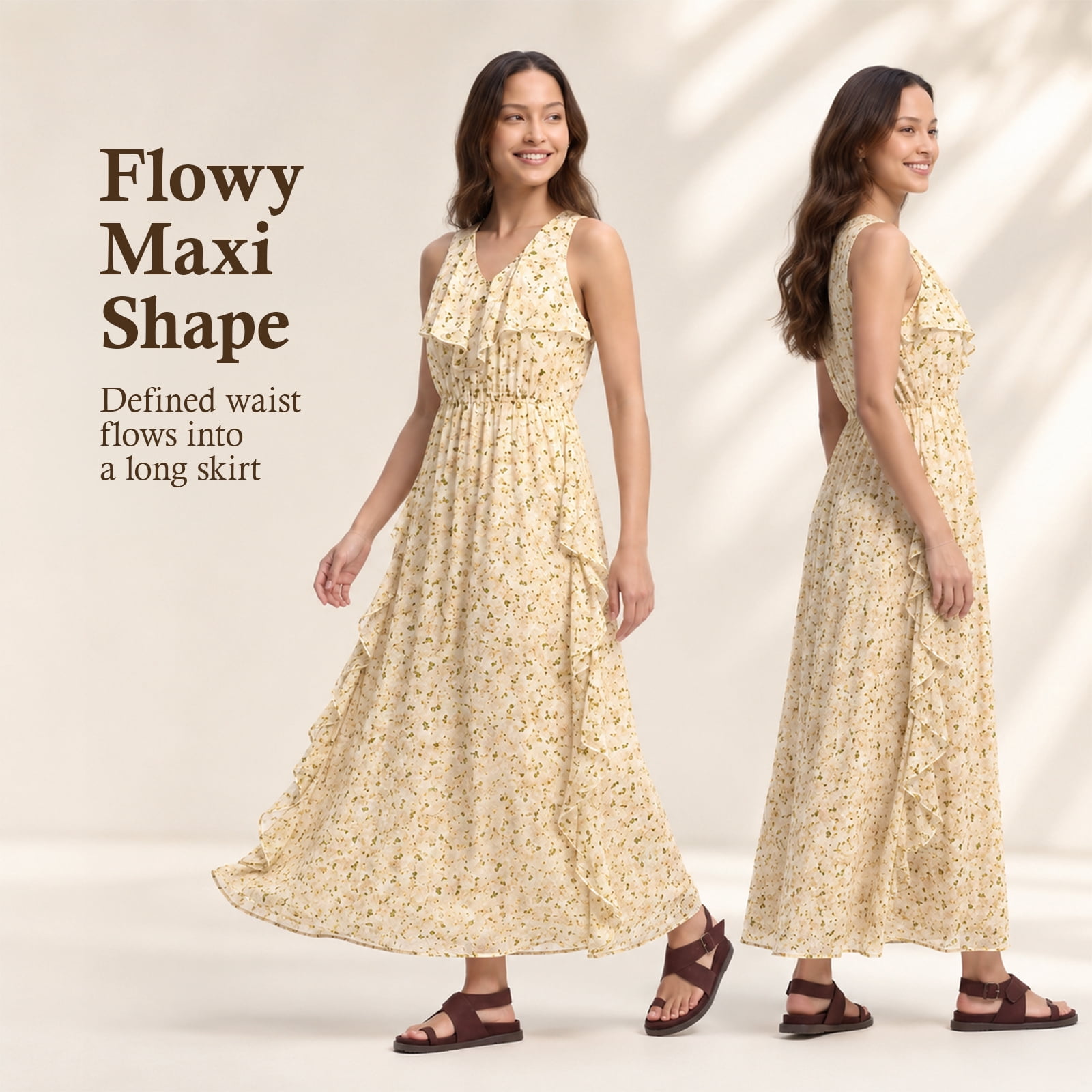 Alvantor Summer Maxi Dresses for Women, Sleeveless Ruffle V-Neck Floral Poly Chiffon, Ivory Multi