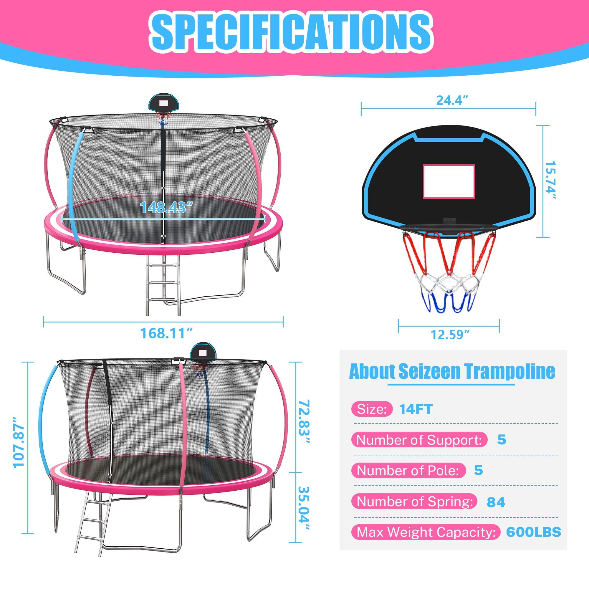 12FT Trampoline for Kids - Seizeen Round Trampoline W/ Enclosure Net & Hoop, Outdoor Colorful Trampoline with Waterproof Cover, Steel Support & Ladder