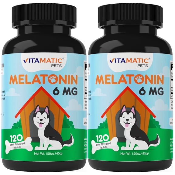 Vitamatic Melatonin for Dogs - 6 mg - 120 Beef Flavored Chewable Tablets ((Pack of 2))