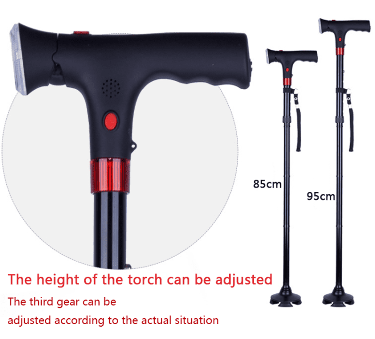 Adjustable Height Folding Walking Cane with LED Light & Alarm Button, 4-Prong Anti-Slip Base, Aluminum Alloy Telescopic Cane with Side Armrest for Elderly