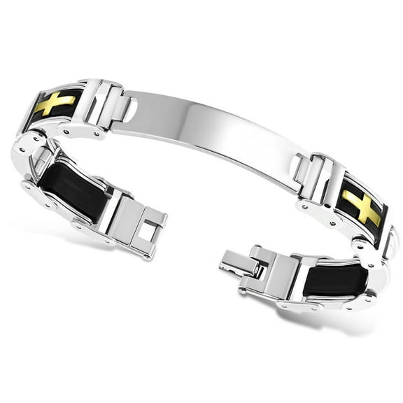 Stainless Steel Silver-Tone Black Gold-Tone Religious Cross Men's Medical ID Bracelet, 8.25"