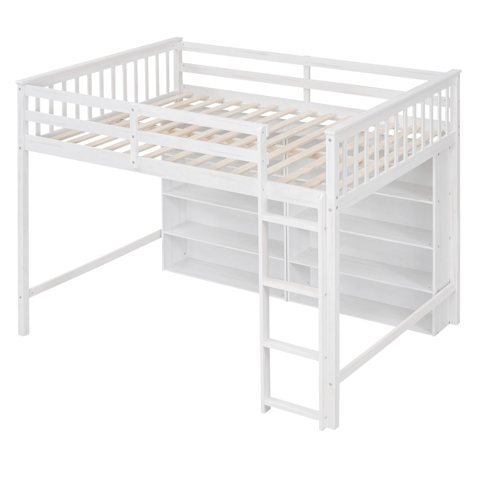 Euroco Wood Full Size Loft Bed with Shelf for Kids Bedroom, Functional Storage Shelf and Display Case, Open Bookcase for Kids Teens Adults, White