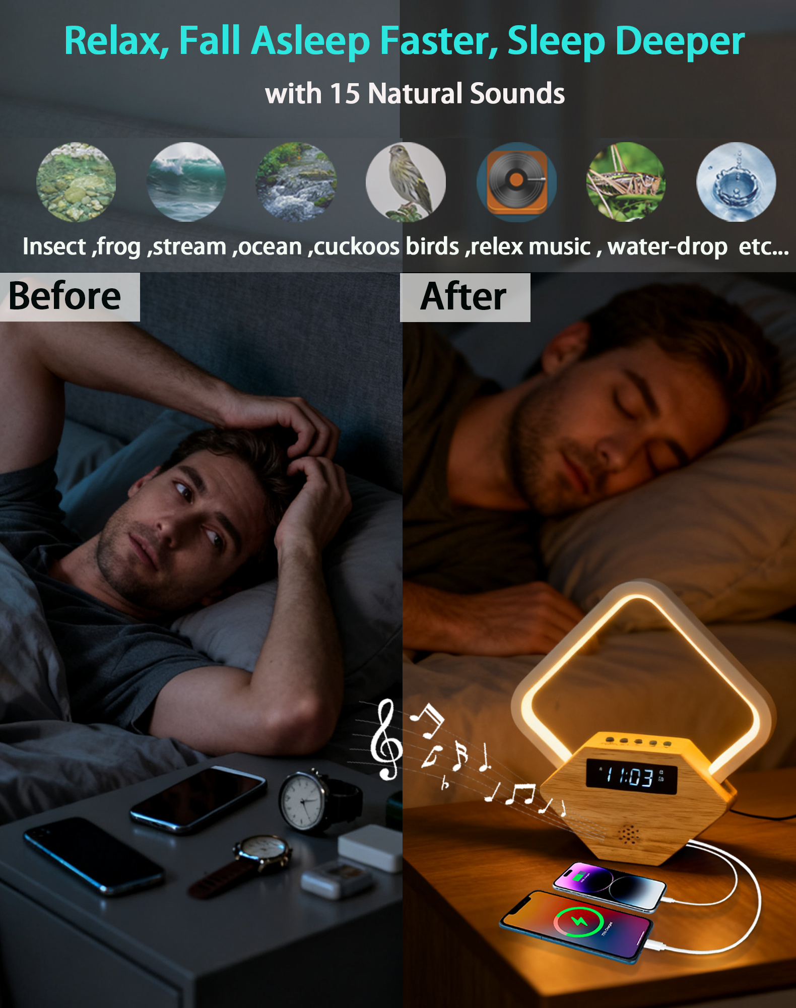 Sunrise Alarm Clock with White Noise Sound Machine, Wake Up Light for Bedrooms Heavy Sleepers Adults,Rain Thunderstorm Ocean Sleep Sounds,Bedside Lamps with Fast Charger USB C,Gift for Kid Baby