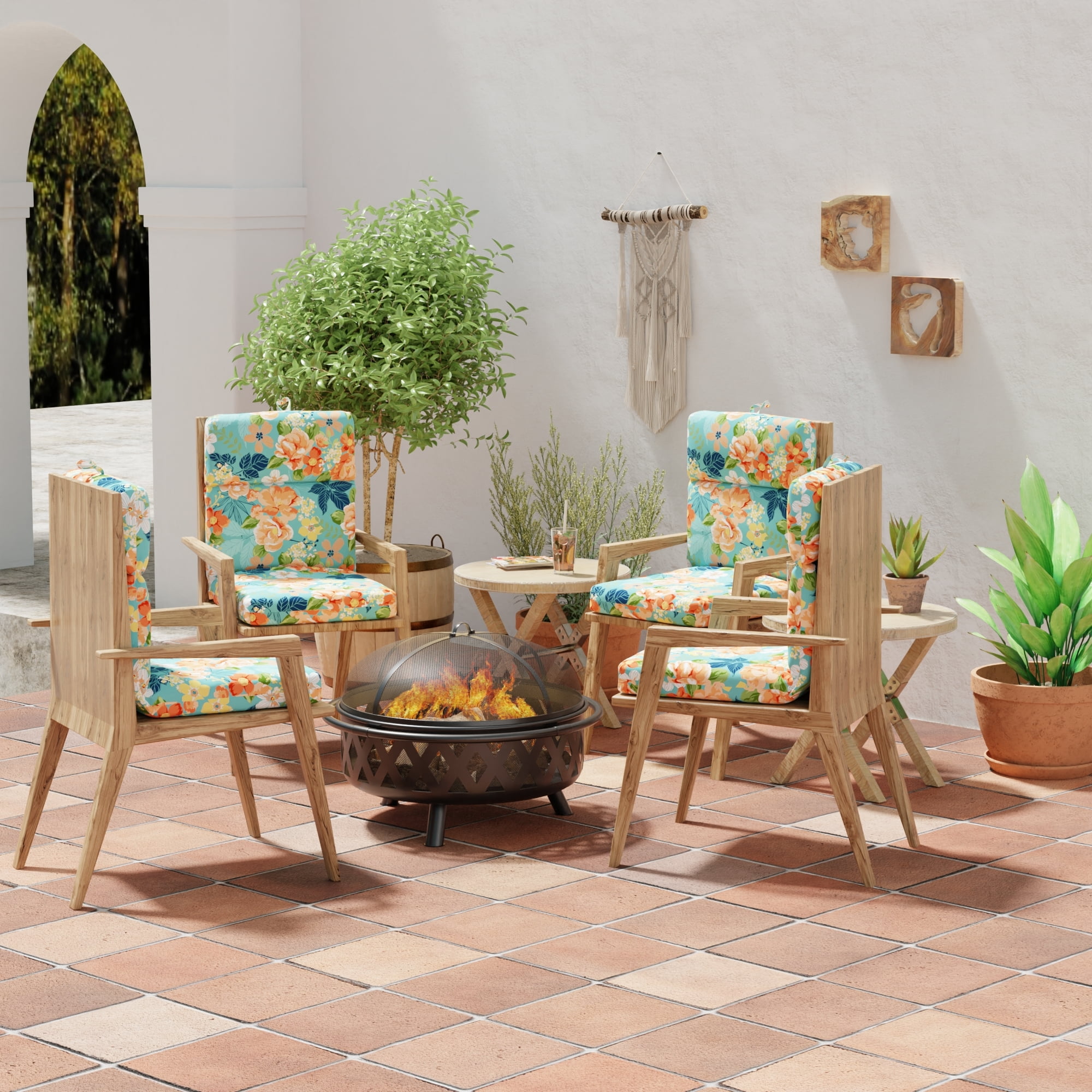Jordan Manufacturing 44" x 22" Senorita Pelican Turquoise Floral Rectangular Outdoor Chair Cushion with Ties and Hanger Loop