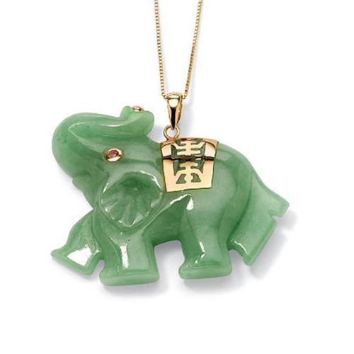 PalmBeach Jewelry 46839 Green Jade Pink Genuine Sapphire Accent 14k Yellow Gold Lucky Elephant Charm Pendant by PalmBeach Jewelry