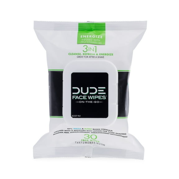 DUDE Face Wipes 3 in 1 Cleanse Energize & Moisturize with Pro-Vitamin B5 (30ct)