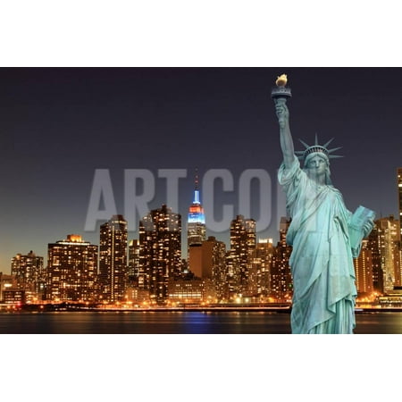 - Midtown Manhattan Skyline and the Statue of Liberty at Night, New York City Print Wall Art By Zigi