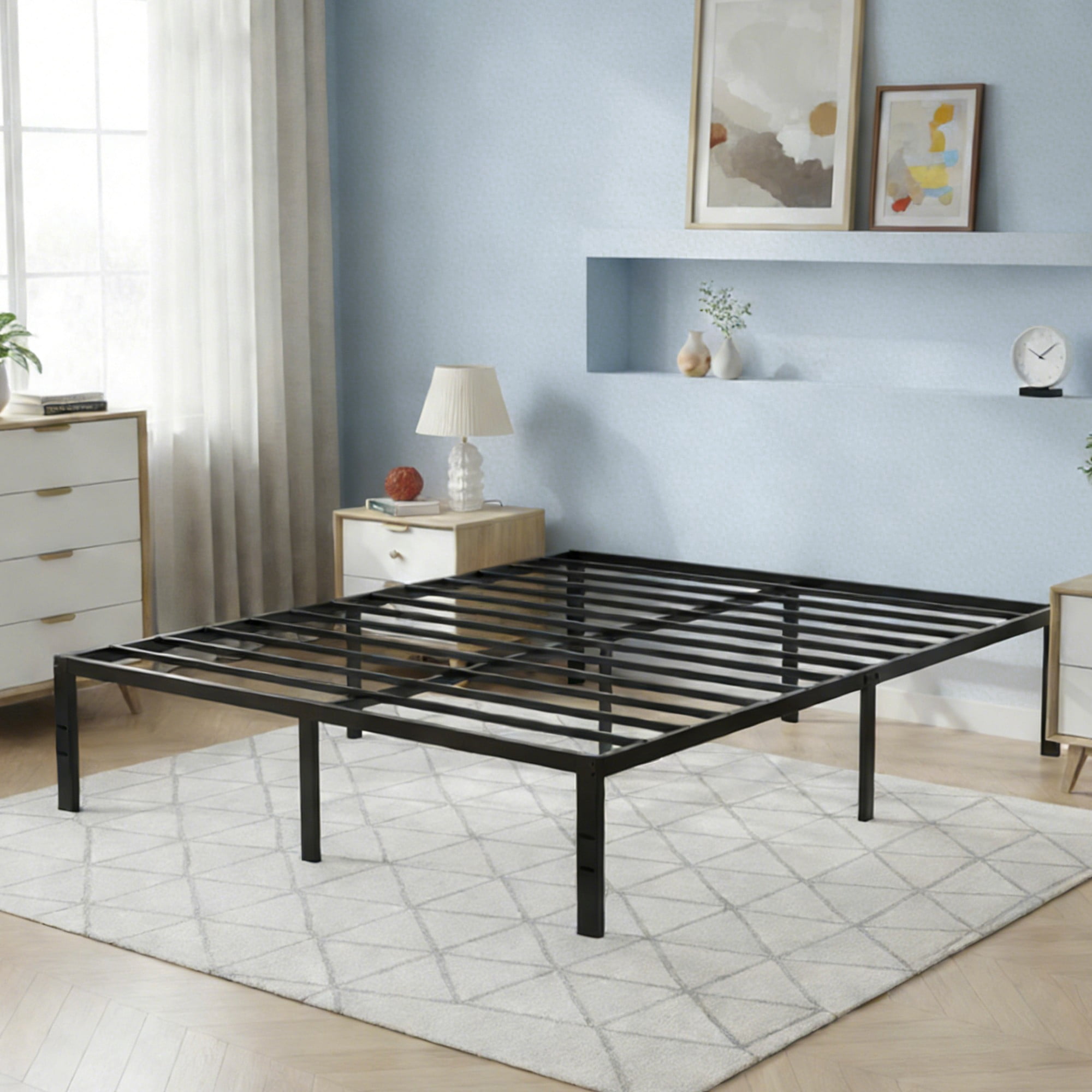 Gewnee Black Queen Size Bed Frame, Metal Construction with Slats & Center Support, No Box Spring Needed, 1100 LBS Capacity, for Bedroom Guest Room Dorm