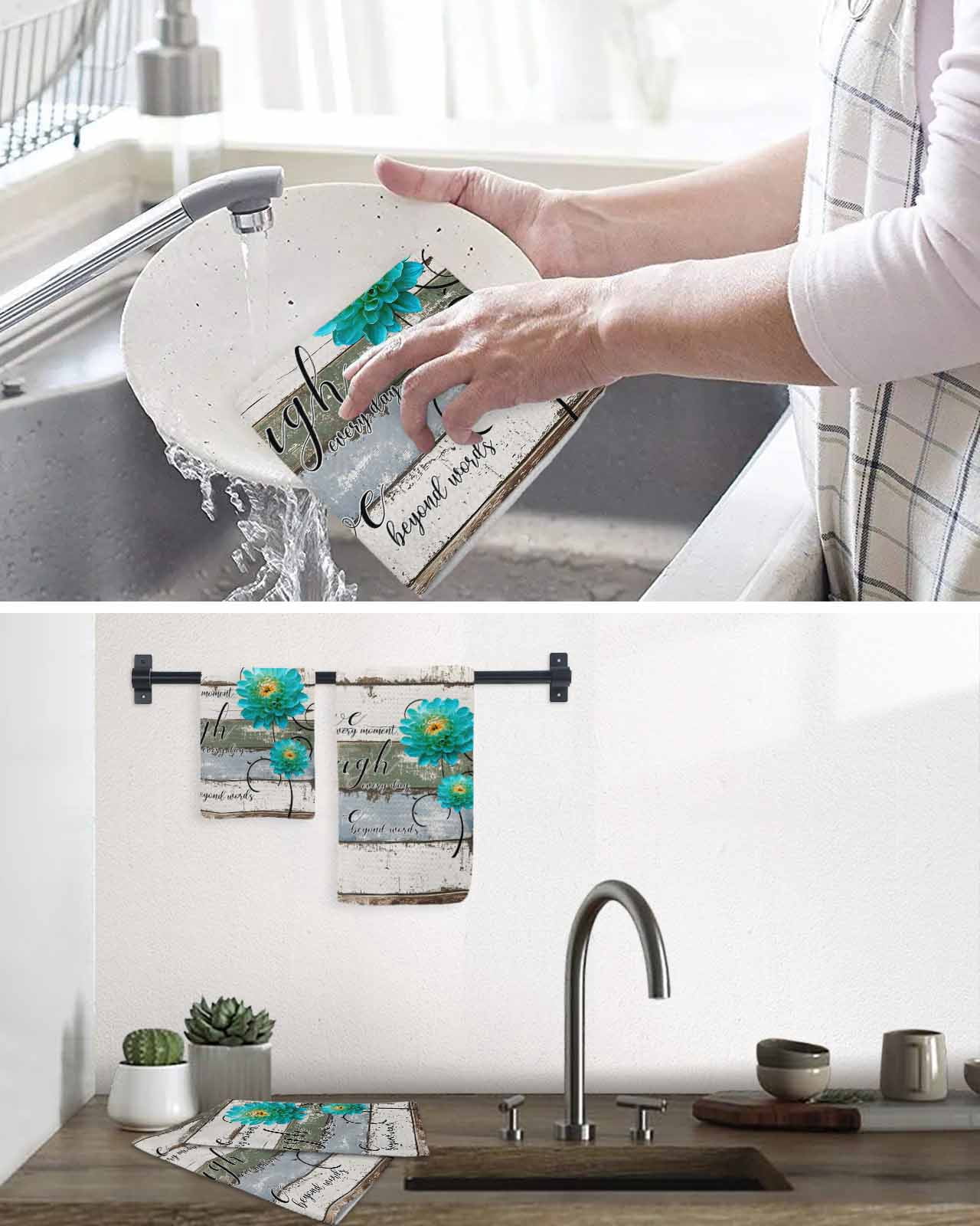 Teal Floral Kitchen Dish Towels for Drying Dishes Set of 4, Farmhouse Green White Blue Wooden Waffle Weave Microfiber Terry Hand Tea Bathroom Towels Quick Dry & Absorbent Towel 12x12