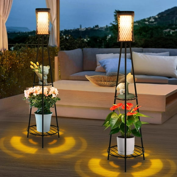 Lámpara de pie solar para exteriores Aialun, 116 cm, con soporte doble para plantas