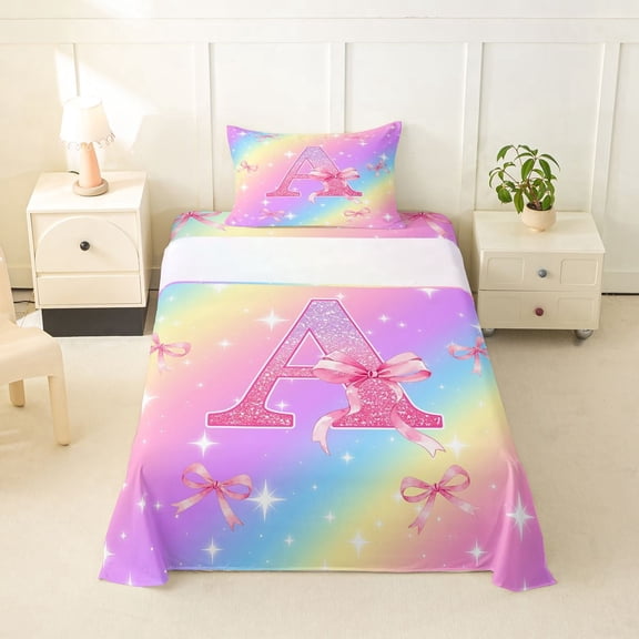 Manfei Pretty Rainbow Twin Sheets,Pink Bownot Letter A Bedding,3 Pieces