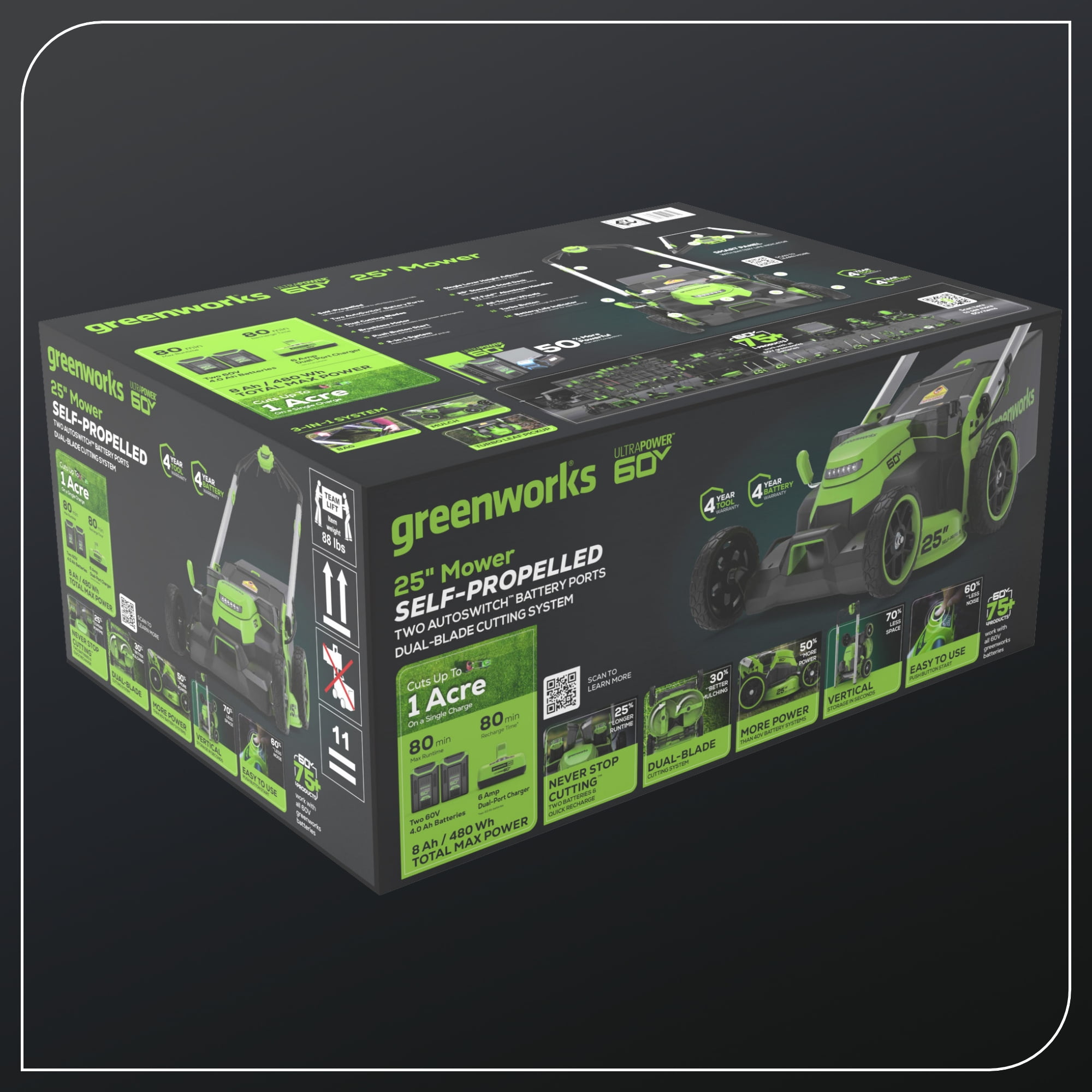 Greenworks 60V 25" Self-Propelled Lawn Mower with (2) 4.0 Ah Batteries & Rapid Charger 2546002