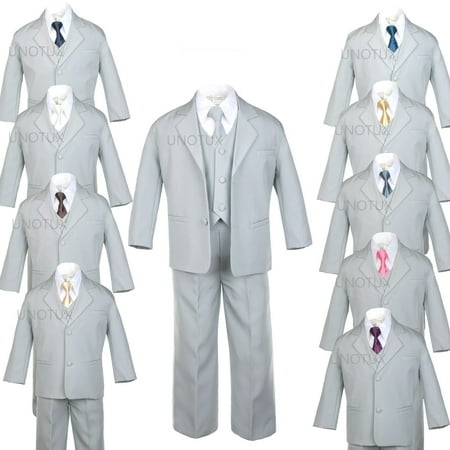 

6pc Satin Neck Tie + Boy Infant Toddler Kid Teen Gray Formal Suit Tuxedo sz S-20