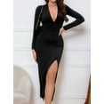 thumbnail image 6 of Women Deep V Neck Long Sleeve Slit Fall Elegant Formal Wedding Guest Cocktail Evening Date Prom Maxi Long Dress Black S, 6 of 9