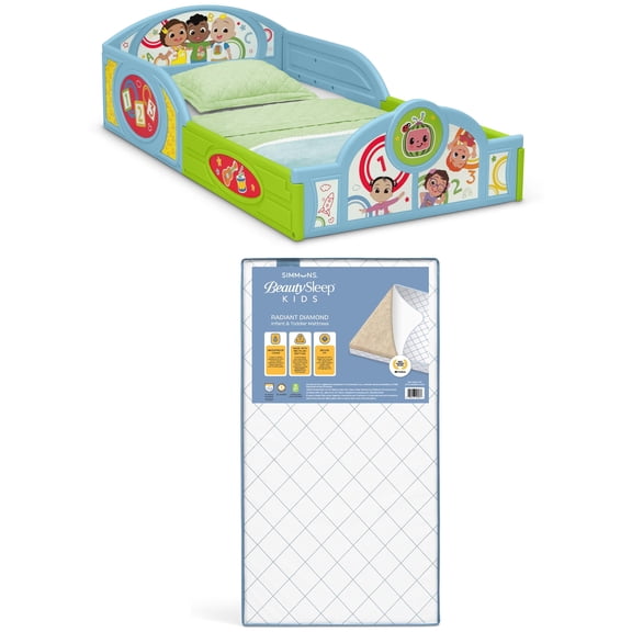 CoComelon Sleep and Play Toddler Bed with Built-In Guardrails & Simmons BeautySleep Kids Radiant Diamond Crib and Toddler Mattress, Waterproof, Extra Firm