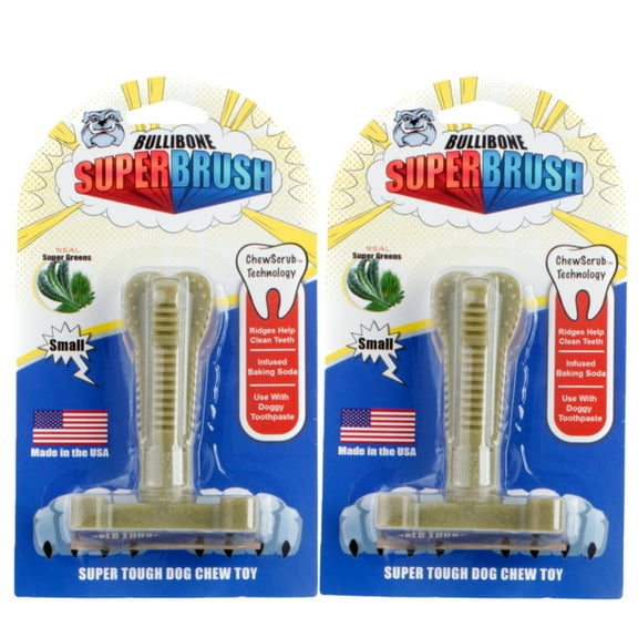 Bullibone Small Green SuperBrush: Teeth Cleaning Bones Dog Toothbrush Stick - Long Lasting Nylon Chew Toy for Oral Care and Dental Health - 2 Pack