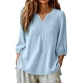 thumbnail image 6 of Smsaxvxz Womens Embroidered Cotton Linen Shirts Summer Fashion V Neck 3/4 Sleeve Casual Solid Loose High and Low Hem Blouse Tops Blue L, 6 of 8