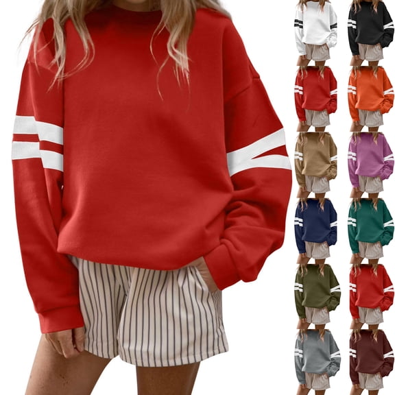Varsity Striped Oversized Sweatshirt For Women Crewneck Pullover Tops Basic sweatshirts, , Retro Sporty Drop Shoulder Fall Outfits Relaxed Fit For Casual Daily Wear S