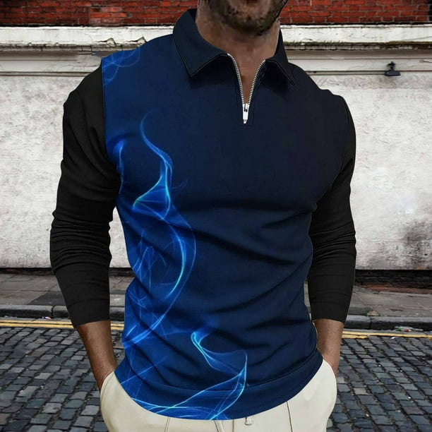 Blusa y camisa de manga larga con cuello vuelto para hombre, jersey con solapa a cuadros, a rayas y cremallera, manga corta, deportiva, de manga corta, con solapa, blusa de poliéster para hombre