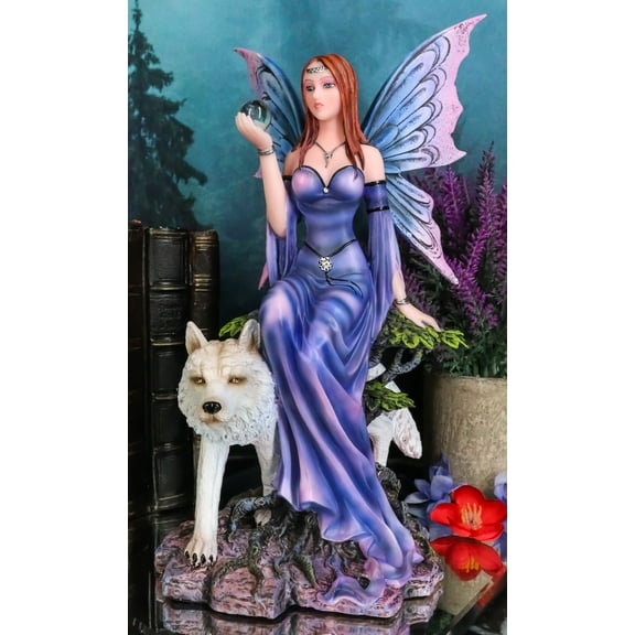 Purple Pearl Wishing Fairy On Tree Of Life With Giant Winter Snow Wolf Figurine
